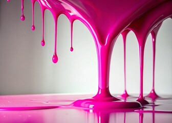 Bright Pink Liquid Dripping Artistically on Smooth Surface, Creating an Abstract Visual Experience Perfect for Creative Projects and Backgrounds