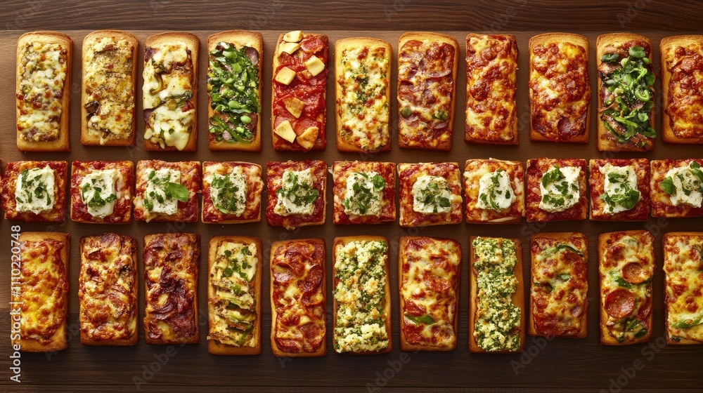 Poster variety of delicious rectangular pizzas showcasing diverse toppings and baked goods on a wooden surf
