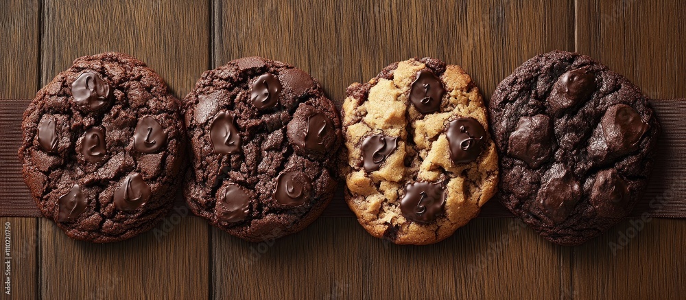Poster Assorted cookies displayed on a wooden surface with a ribbon, showcasing a variety of textures and flavors in an appetizing arrangement.