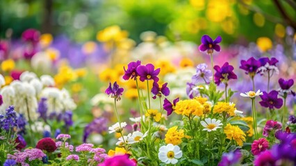 A symphony of colors paints the meadow, vibrant purple blooms dancing amidst a sea of yellow and white blossoms, nature's artistry on full display.