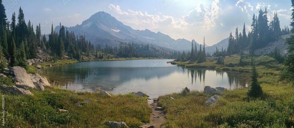 Poster serene mountain lake surrounded by lush greenery and towering peaks reflecting in calm waters under 