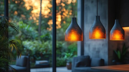 Elegant pendant lights casting a warm glow in a modern interior surrounded by lush greenery and sunset views.