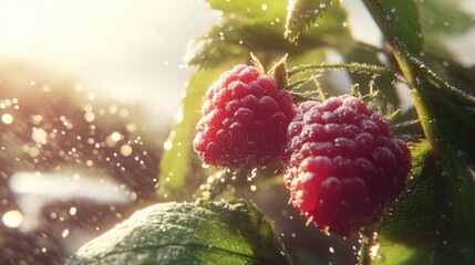 Fresh raspberries glistening on a green branch with morning dew in sunlight depicting a vibrant...