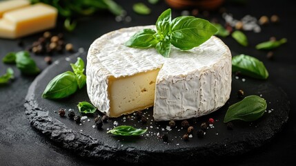 White cheese on dark slate board with fresh basil leaves and peppercorns, accented by a white background, culinary, gourmet, food styling, cheese display, dairy products.