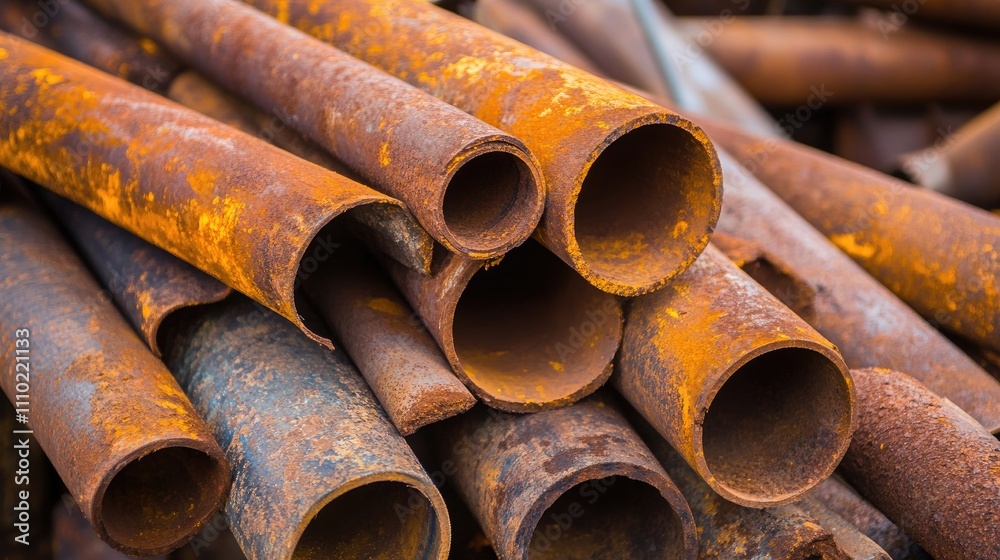 Poster Rusted steel pipes in various colors creating an abstract industrial background with texture and depth for creative projects