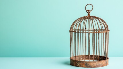 Rustic vintage bird cage on soft blue background showcasing antique design and texture for unique decorative concepts and home decor ideas