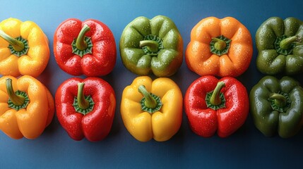 Fototapeta premium Colorful bell peppers in a row against a contrasting blue background, showcasing vibrant red, yellow, green, and orange hues with water droplets, fresh produce, healthy eating, food photography.