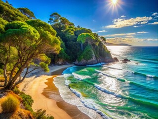 Fototapeta premium Candid Photography of Daylight Delight at Cliffside Trees Overlooking the Beach, Capturing the Essence of Nature's Beauty in Bright Daytime Sunlight