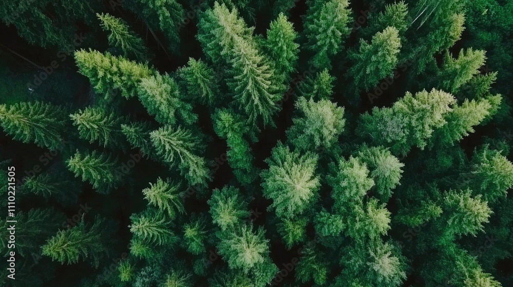 Aufkleber aerial view of dense green coniferous forest showcasing lush trees and nature's tranquility and beau