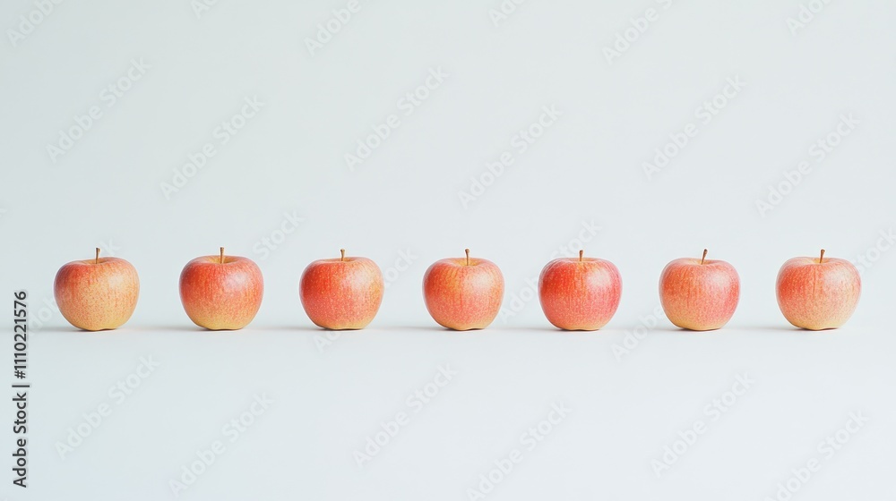 Poster freshly harvested apples arranged in a neat row on a clean white background showcasing their vibrant