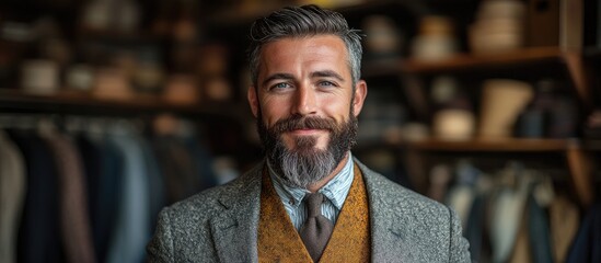 Tailor designer with beard ready for work in stylish workshop showcasing fashionable menswear and bespoke tailoring techniques