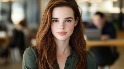 Obraz premium Confident young woman with brown hair and eyes in green blouse working remotely in modern IT office setting with casual atmosphere.