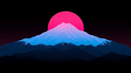 Sunset Mountain: A majestic mountain silhouetted against a vibrant sunset, rendered in a captivating minimalist design. Its peak is kissed by the glowing sun.