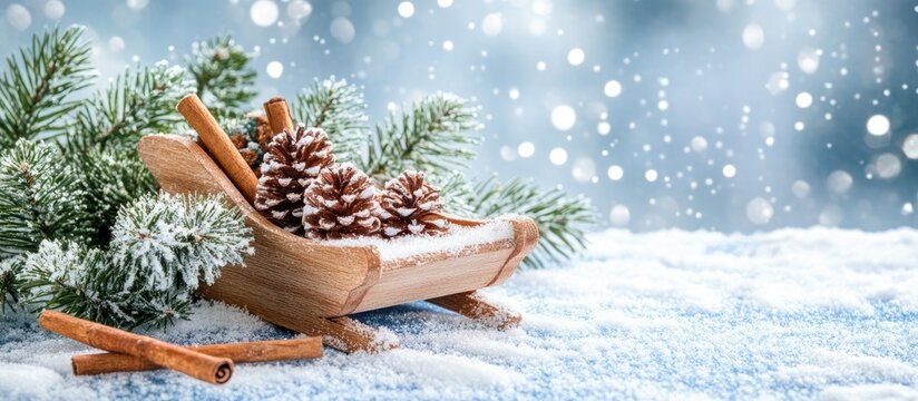 Wooden sleigh decoration with pine cones and cinnamon sticks on snowy backdrop perfect for winter festivities and holiday text overlays