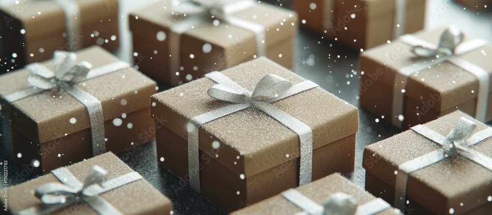 Poster christmas presents wrapped with silver ribbons scattered over a snowy background creating a festive 