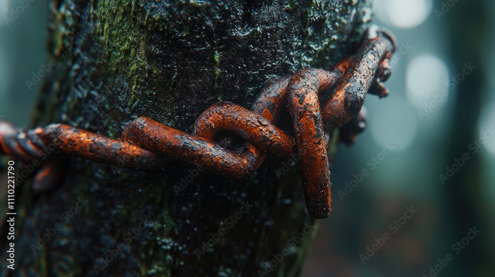 Aufkleber Close up of textured rusted wire wrapped around a tree trunk in a misty forest setting showcasing nature's reclamation and deterioration.