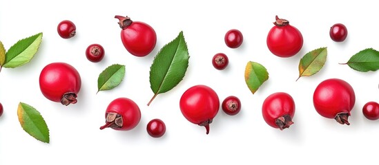 Rosehip flowers and berries arranged artistically with leaves on a clean white background ideal for botanical or health themes.
