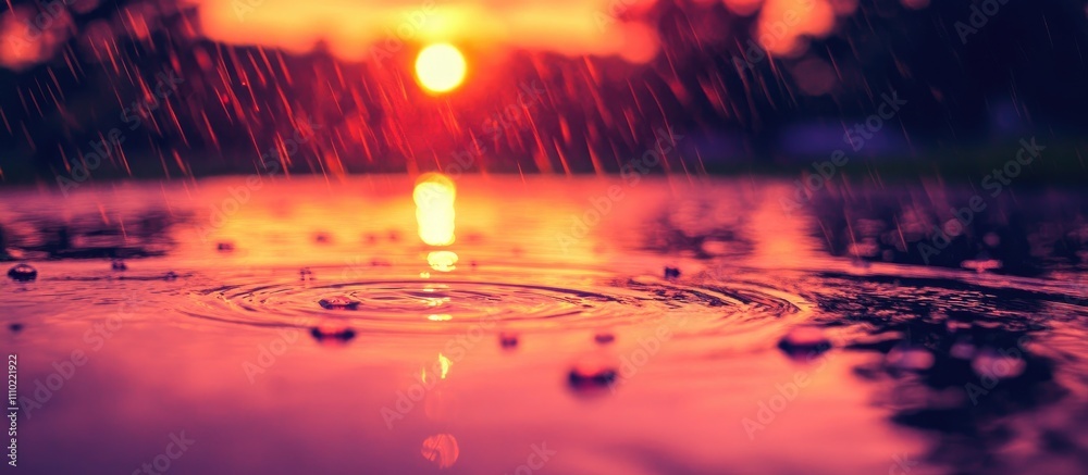 Aufkleber raindrops creating ripples on a serene lake surface during a vibrant sunset scene.