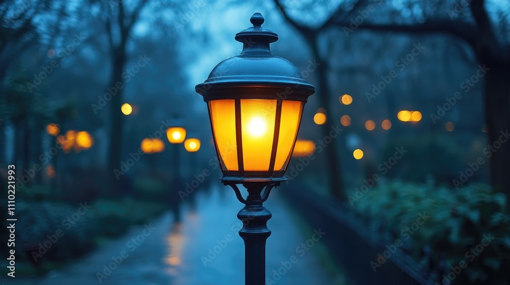 Poster classic street lamp glowing softly in evening park setting with blurred lights creating a serene atm