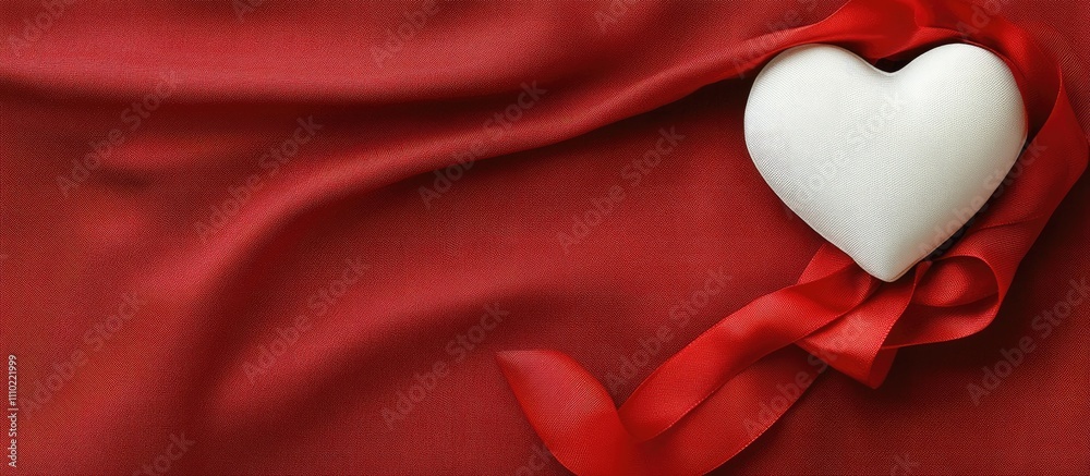 Poster elegant white heart with red ribbon on luxurious red fabric creating a romantic and festive atmosphe