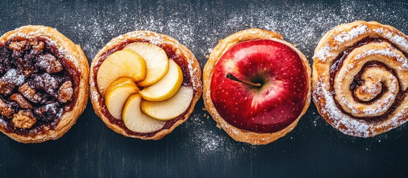 Delicious selection of apple buns with sugar and apples arranged on a rustic table showcasing tempting dessert options