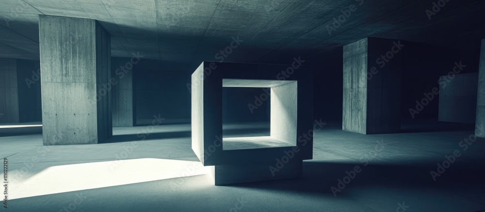 Poster minimalist architectural design featuring a square structure illuminated in a stark concrete space w