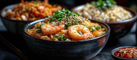 Obraz premium Delicious close-up of gourmet seafood noodles garnished with fresh herbs and sesame seeds perfect for culinary and food marketing projects