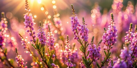 Fototapeta premium A field of delicate pink heather blooms bathed in warm morning light, showcasing nature's beauty in a mesmerizing symphony of color and texture.