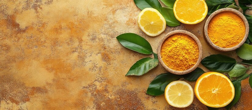 Flat lay arrangement of citrus fruits and vibrant spices with space for text ideal for event templates or culinary promotions