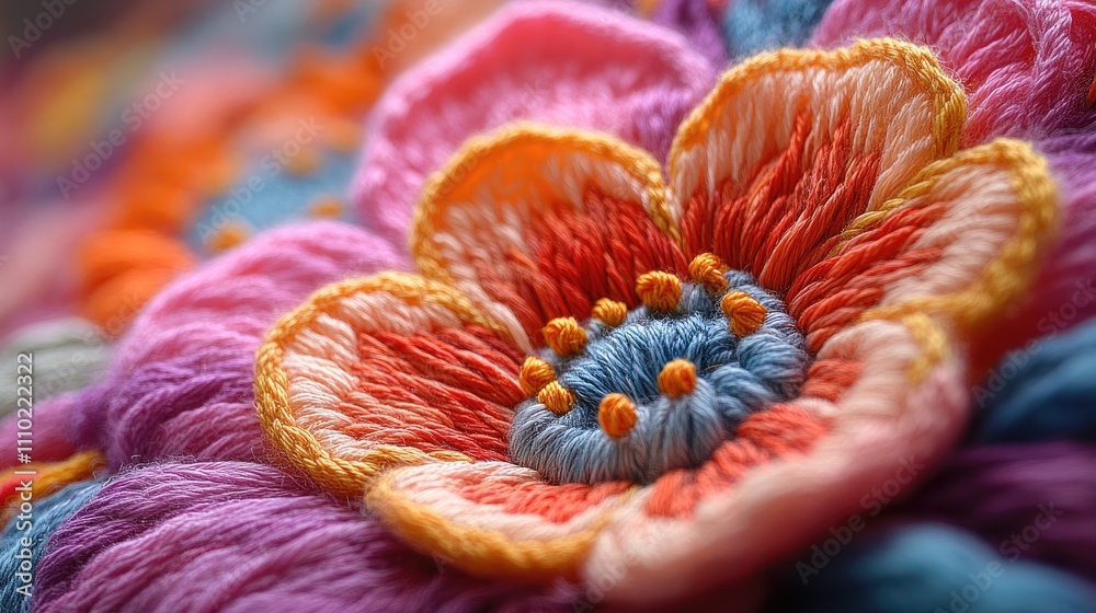Poster vibrant close-up of intricately embroidered floral design using colorful handmade wool threads