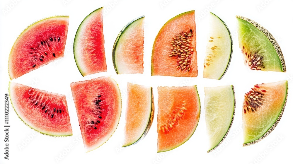 Poster colorful melon slices arranged in a creative pattern isolated on a clean white background for fresh 