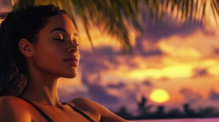 Mixed race woman relax and breathing fresh air outdoor at sunset