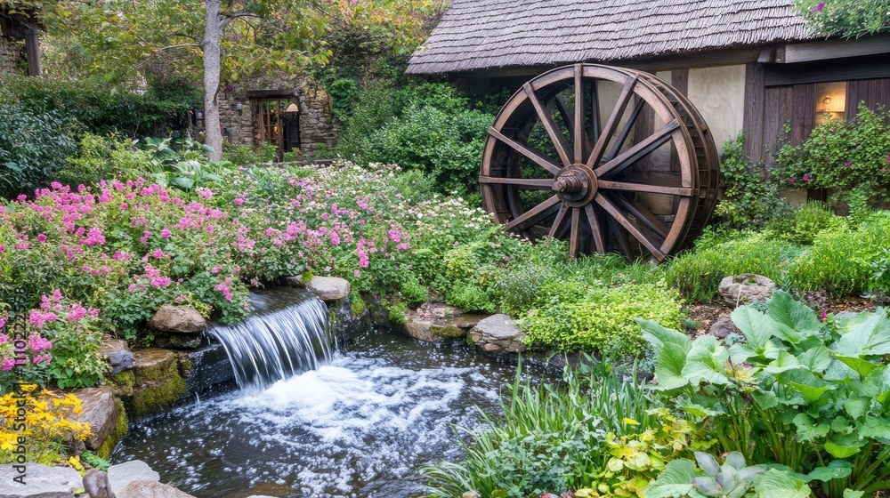 Poster engine powered water wheel surrounded by lush gardens and a tranquil waterfall creating a serene nat