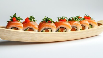 Fresh Sushi Rolls with Salmon and Vegetables on Wooden Plate