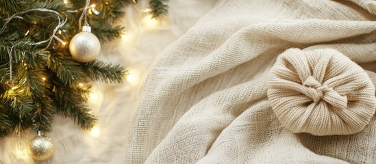 Sustainable gift wrapping with fabric and natural materials for a waste free Christmas minimalism and eco friendly holiday decor