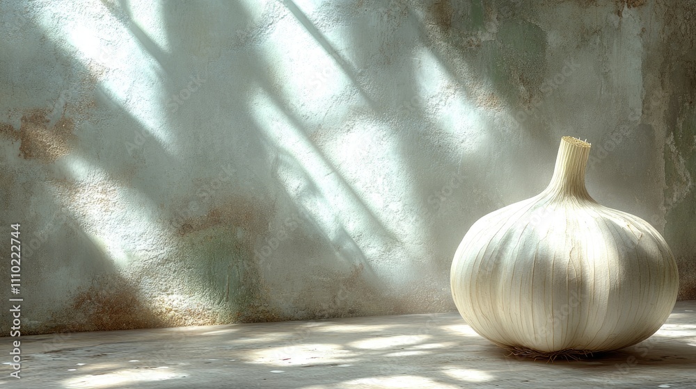 Aufkleber Garlic bulb positioned on a textured surface with soft light creating gentle shadows and an atmospheric backdrop