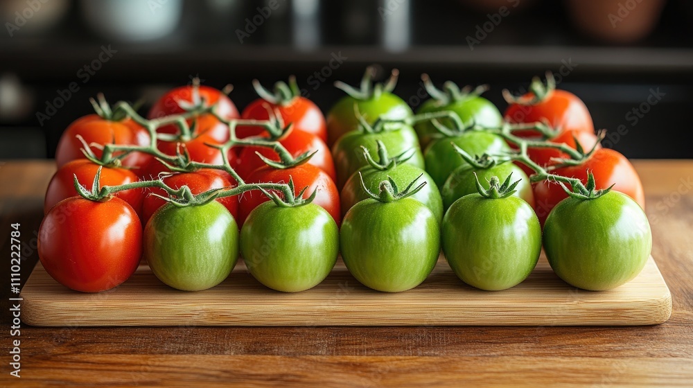 Poster red and green tomatoes neatly arranged on a wooden board showcasing freshness and color diversity fo