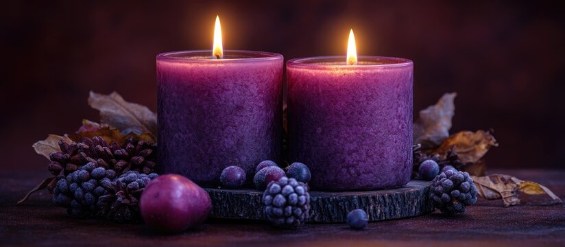 Advent wreath with two lit purple candles surrounded by autumn leaves and fruits on a rustic wooden table backdrop