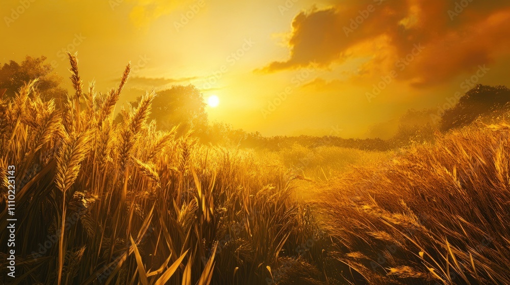 Aufkleber golden wheat field at sunset with warm glowing sky and dramatic clouds in the background