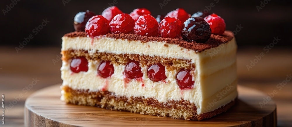 Poster Delicious slice of layered cake topped with cherries on a rustic wooden table setting