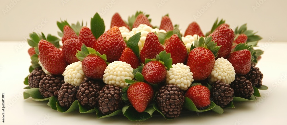 Poster chocolate coated strawberries and assorted berries beautifully arranged for a festive dessert displa