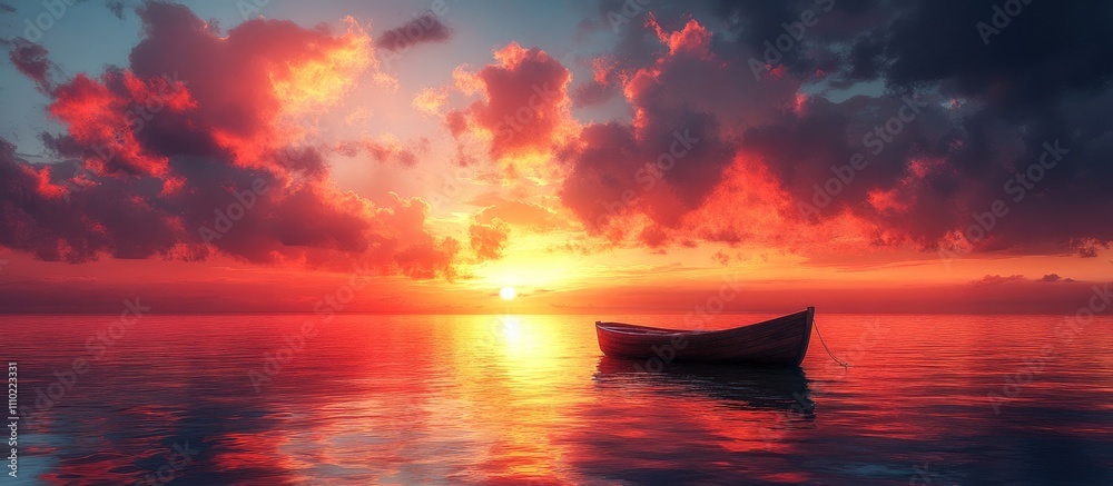 Poster serene sunset over calm waters with a lone boat creating a tranquil summer atmosphere in vibrant col