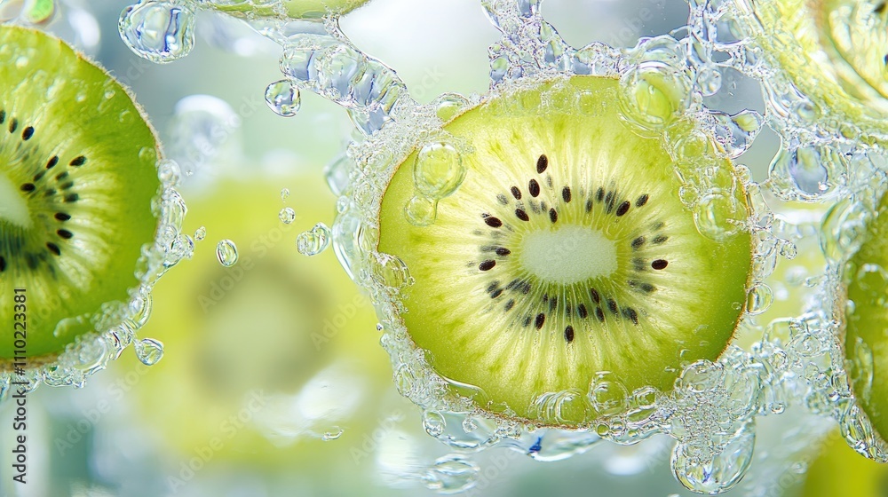 Poster fresh kiwi slices submerged in sparkling water creating an appealing and vibrant fruit splash agains