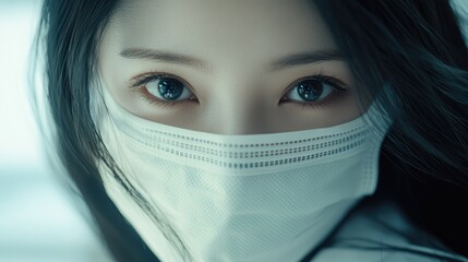 Portrait of Asian female healthcare professional wearing a medical mask emphasizing safety and care during the COVID-19 pandemic.
