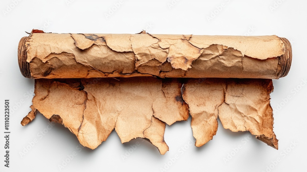 Poster weathered antique paper roll with frayed edges on a pristine white background