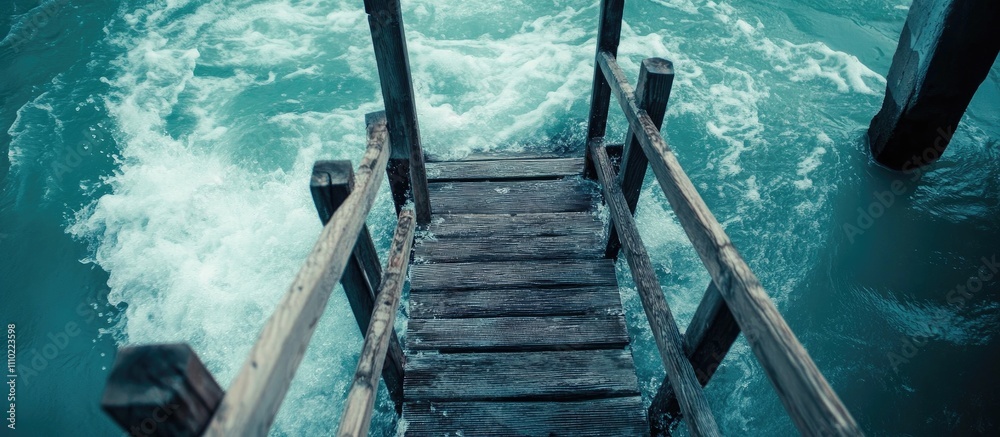 Poster turquoise water flowing around a wooden dock with waves gently crashing against the structure in a serene coastal setting