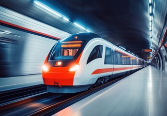 Fototapeta premium High-Speed Train Driving Through Futuristic Subway Tunnel with Blurred Motion Effect and Neon Lighting Representing Modern Transportation Technology
