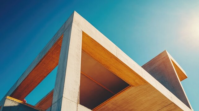 Sustainable timber concrete composite office building under construction with modern architectural design against a clear blue sky.