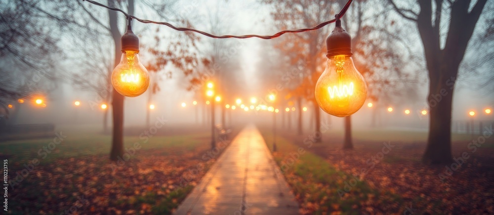 Poster festive hanging light bulbs glowing warmly in a foggy park, creating a mystical atmosphere with a fi