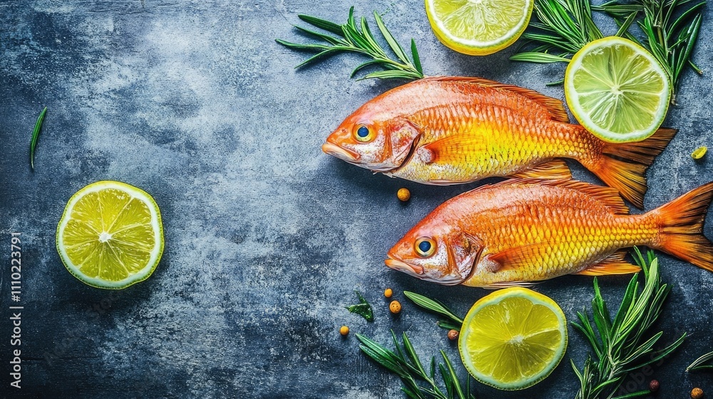 Poster fried fish garnished with fresh herbs and lime slices on a textured surface for culinary and food pr